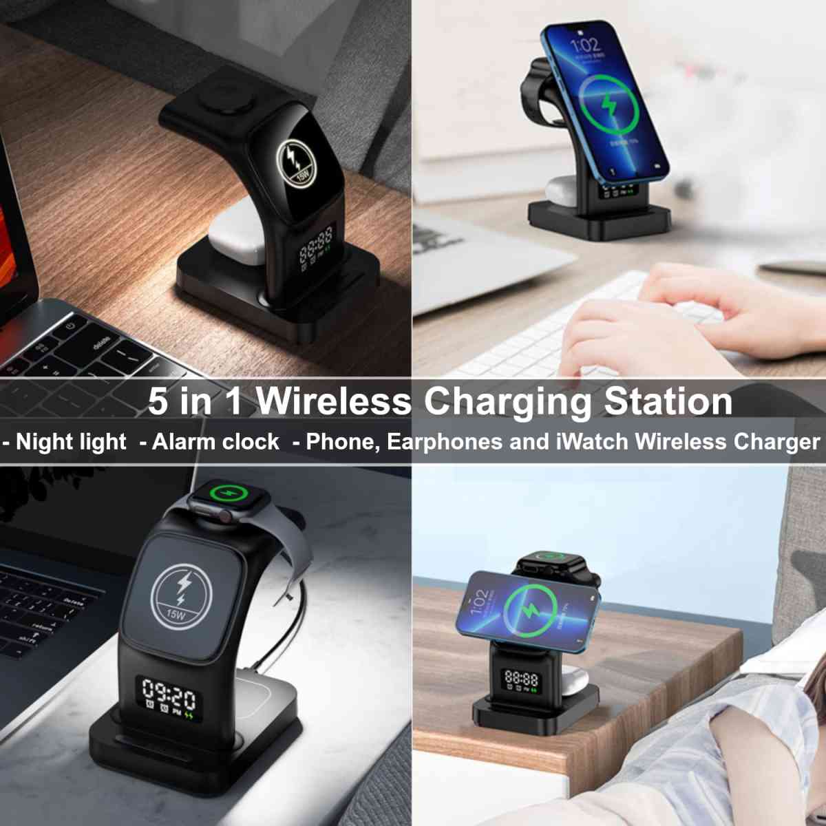 محطة شحن لاسلكية 5 في 1 مع منبه مغناطيسي متوافقة مع MagSafe