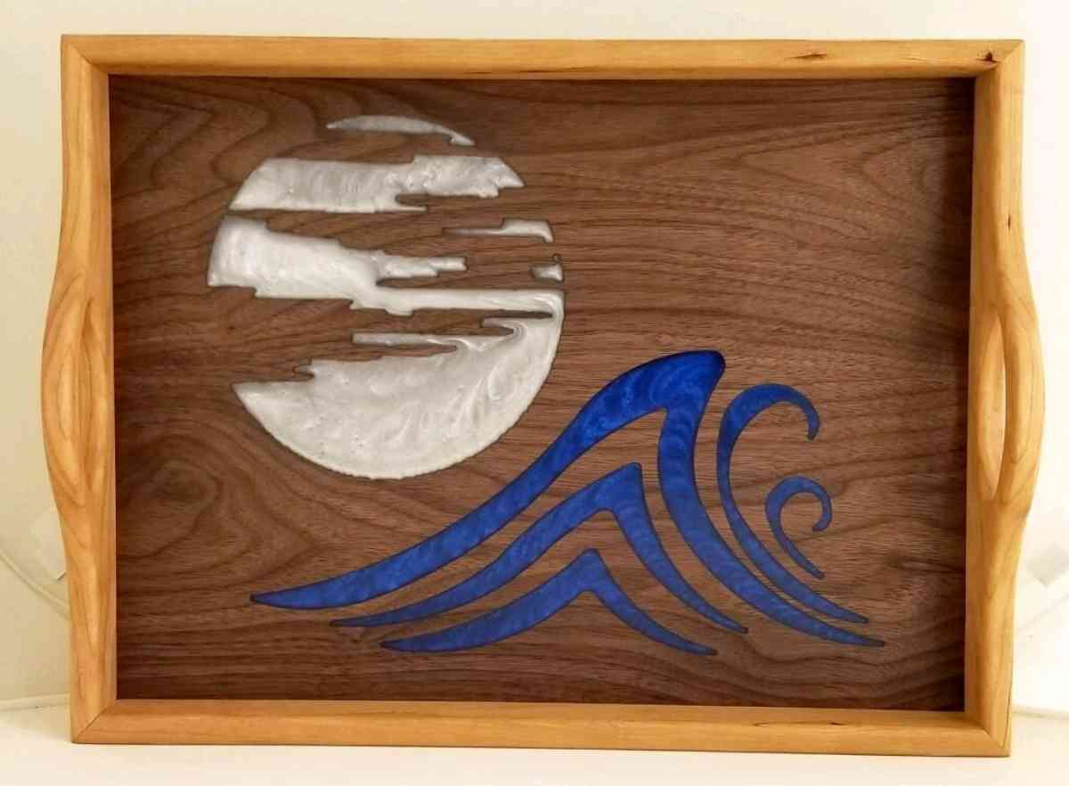 Plateau en bois et rsine  Design Vague  Lune